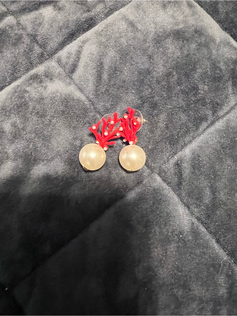 Red Coral Branch Earrings with Ivory Pearl Drops